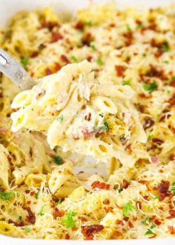 Chicken Bacon Ranch Casserole scooped onto a serving spoon