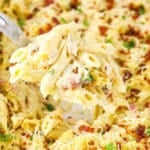 Close-up of chicken bacon ranch casserole with melty cheese.