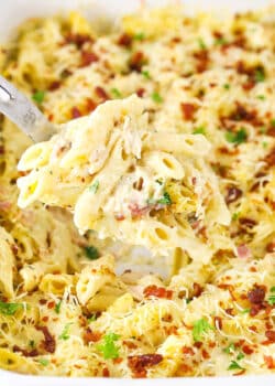 Close-up of chicken bacon ranch casserole with melty cheese.