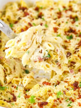 Close-up of chicken bacon ranch casserole with melty cheese.