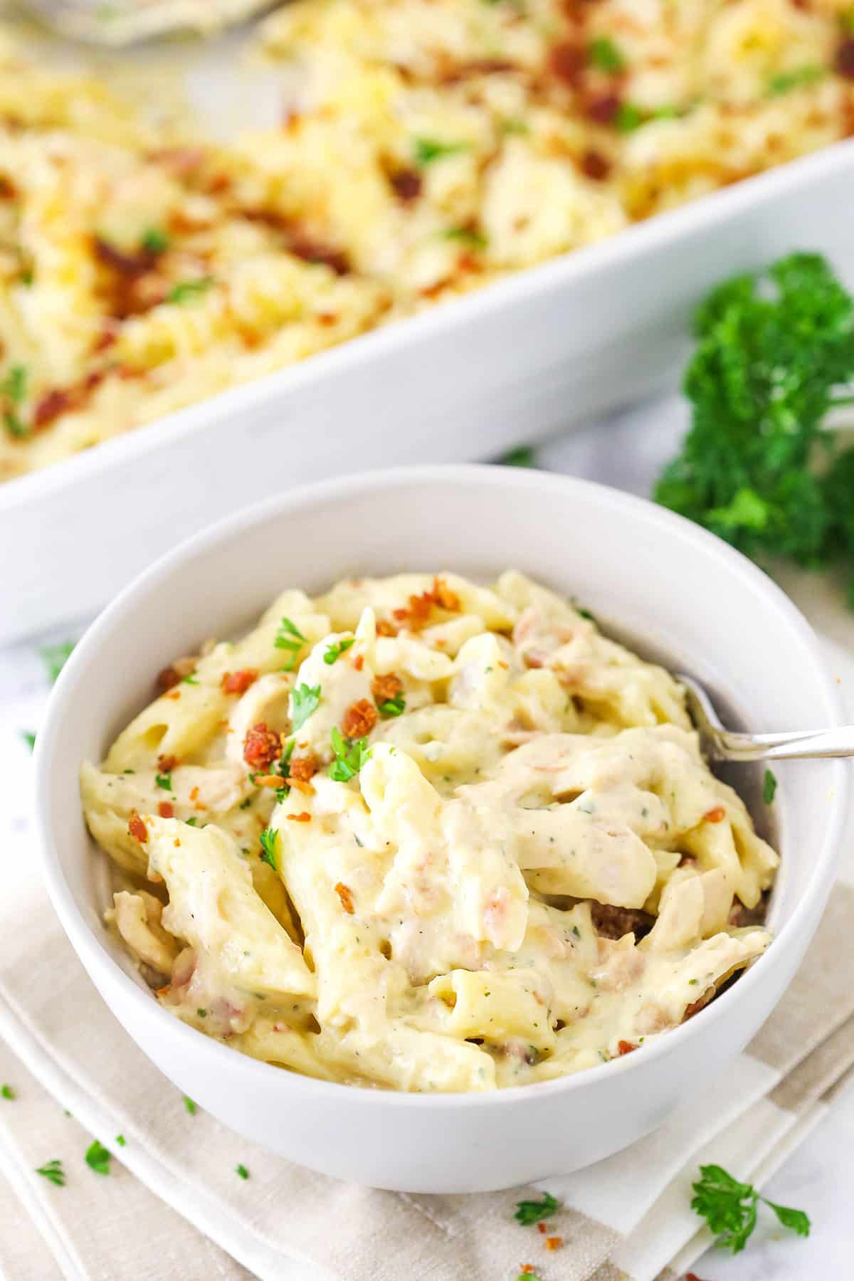 A small bowl of chicken bacon ranch pasta.