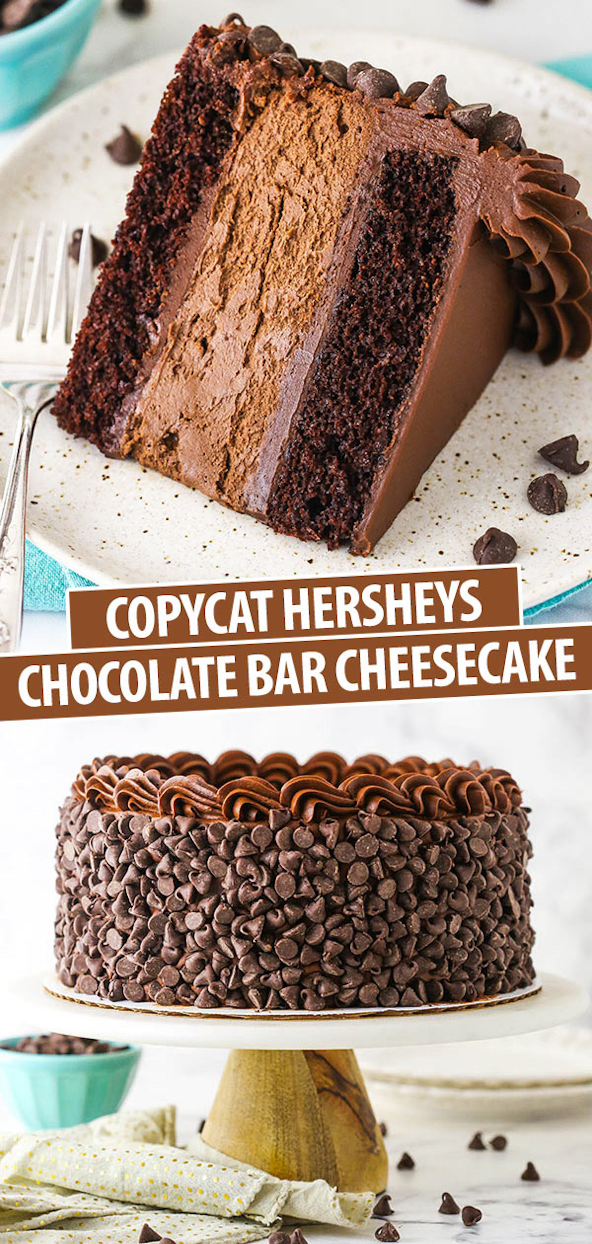 A Collage of Two Images of Hershey's Cheesecake - a Slice vs. the Cake as a Whole