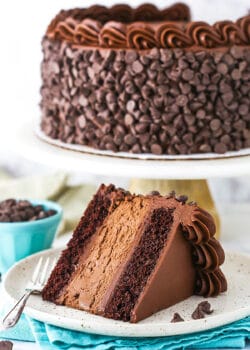 A Slice of Chocolate Layer Cake Next to the Rest of the Cake on a Cake Stand