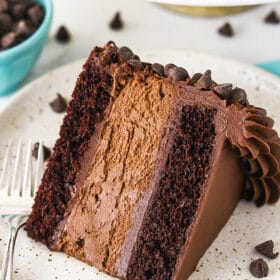 A Piece of Chocolate Cheesecake on a White and Tan Speckled Plate