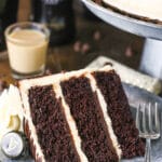 A Piece of Guinness Cake on a Gray Plate with a Fork