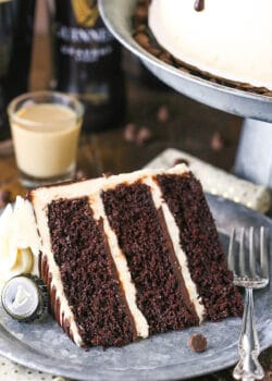 A Piece of Guinness Cake on a Gray Plate with a Fork