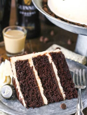 A Piece of Guinness Cake on a Gray Plate with a Fork