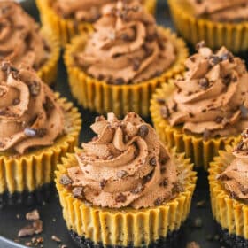 A Plate Full of Mini Coffee Cheesecakes Garnished with Crushed Chocolate Covered Espresso Beans