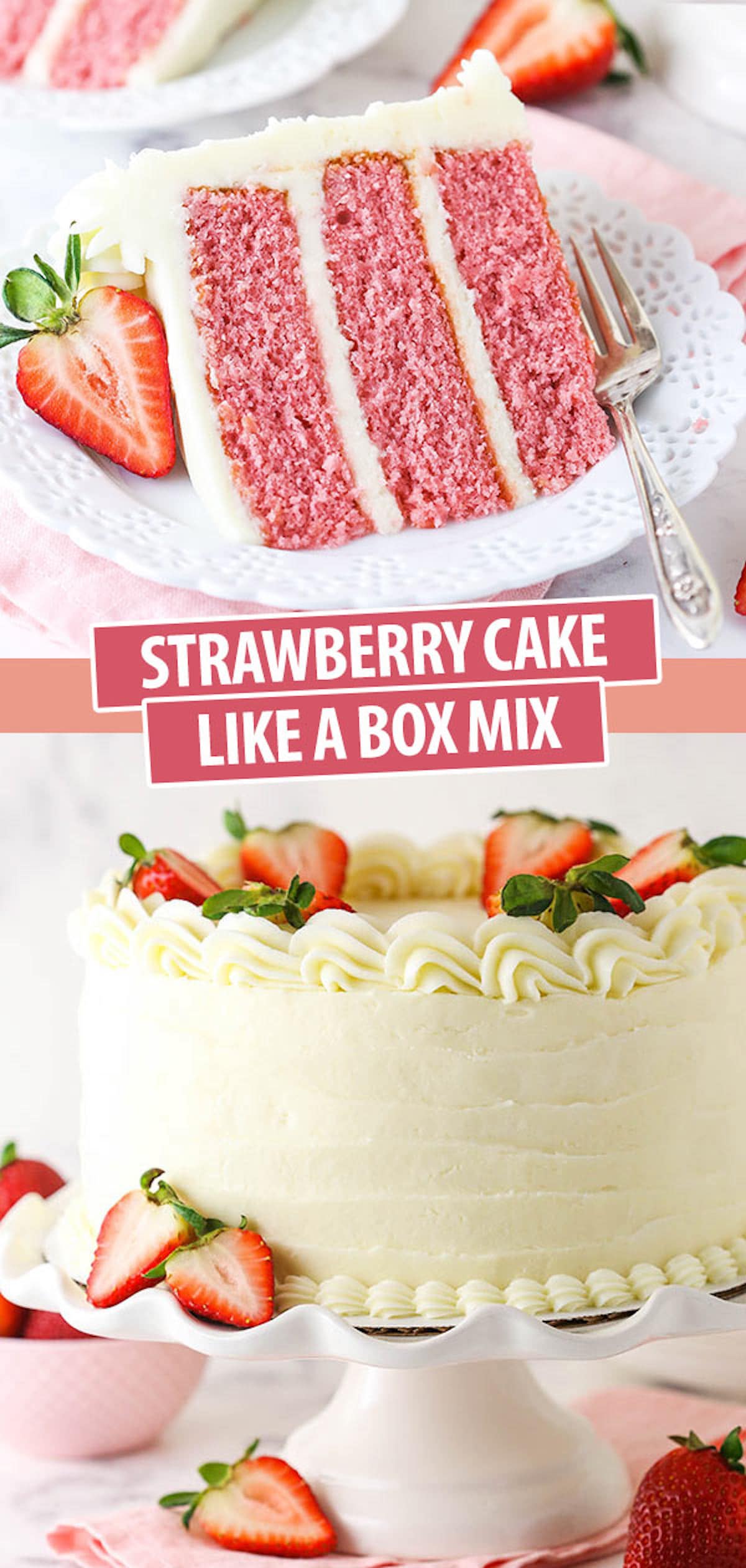 An Image of a Slice of Strawberry Cake Over an Image of the Whole Cake