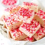 Valentine's Day Fudge with sprinkles on top in a bowl