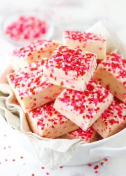 Valentine's Day Fudge with sprinkles on top in a bowl