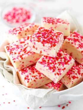 Valentine's Day Fudge with sprinkles on top in a bowl