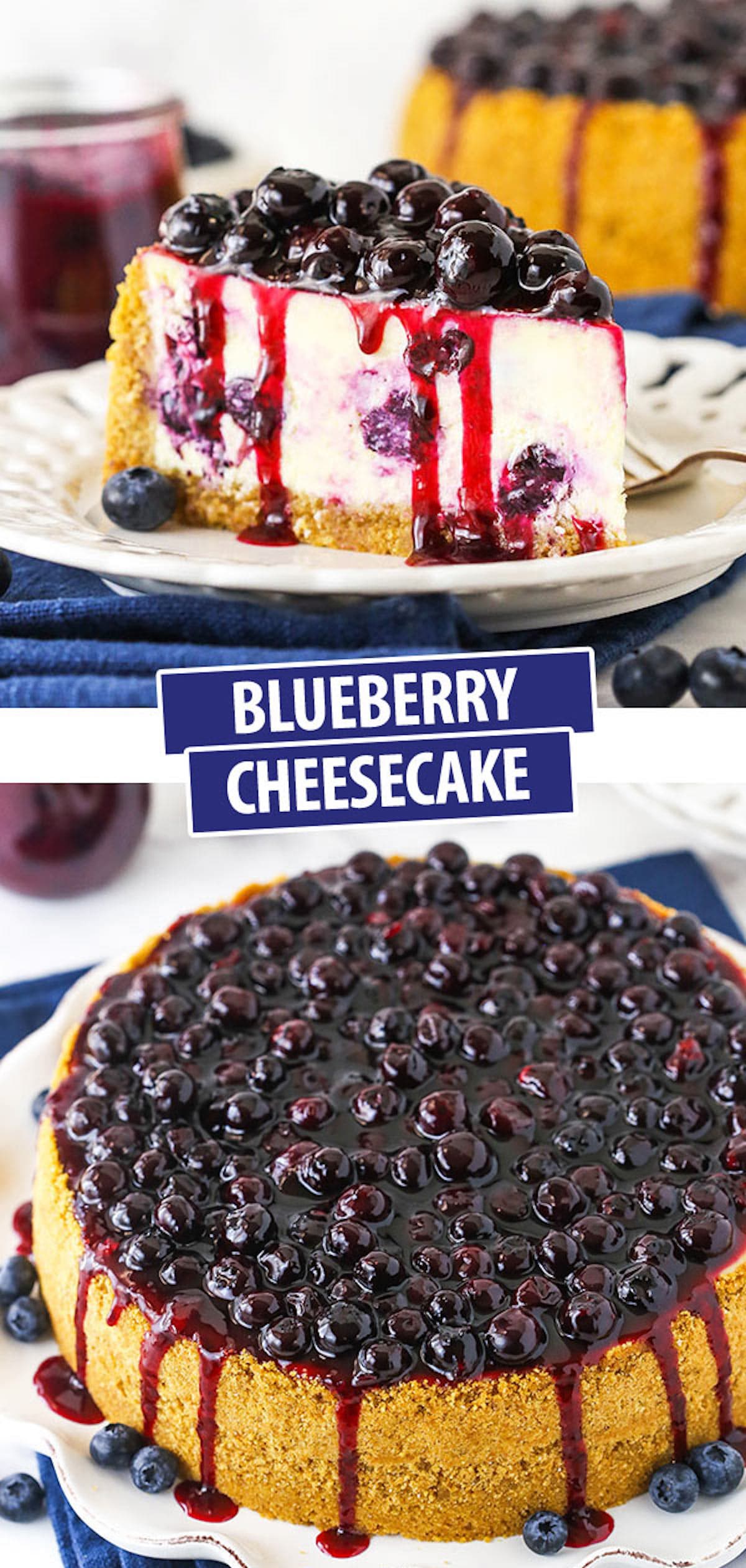 A Collage of Two Images of Baked Blueberry Cheesecake with Text Introducing the Cake