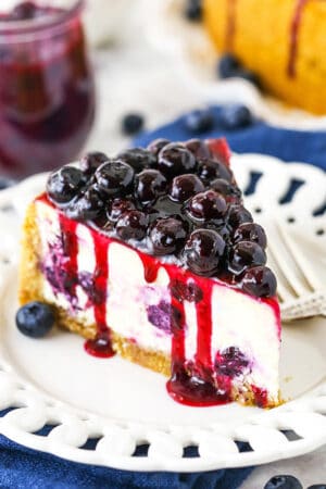 A Close-Up Shot of a Slice of Baked Blueberry Cheesecake with Blueberry Sauce on Top