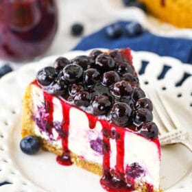 A Piece of Blueberry Cheesecake on a White Plate