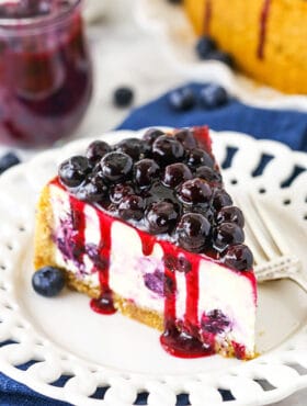 A Piece of Blueberry Cheesecake on a White Plate