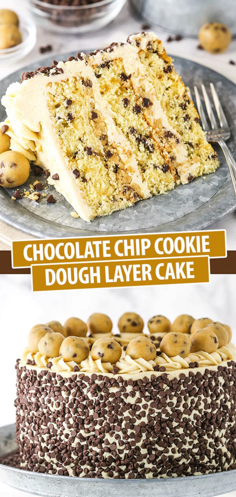 A Collage of Two Images of Chocolate Chip Cake with One Slice and One Whole Cake