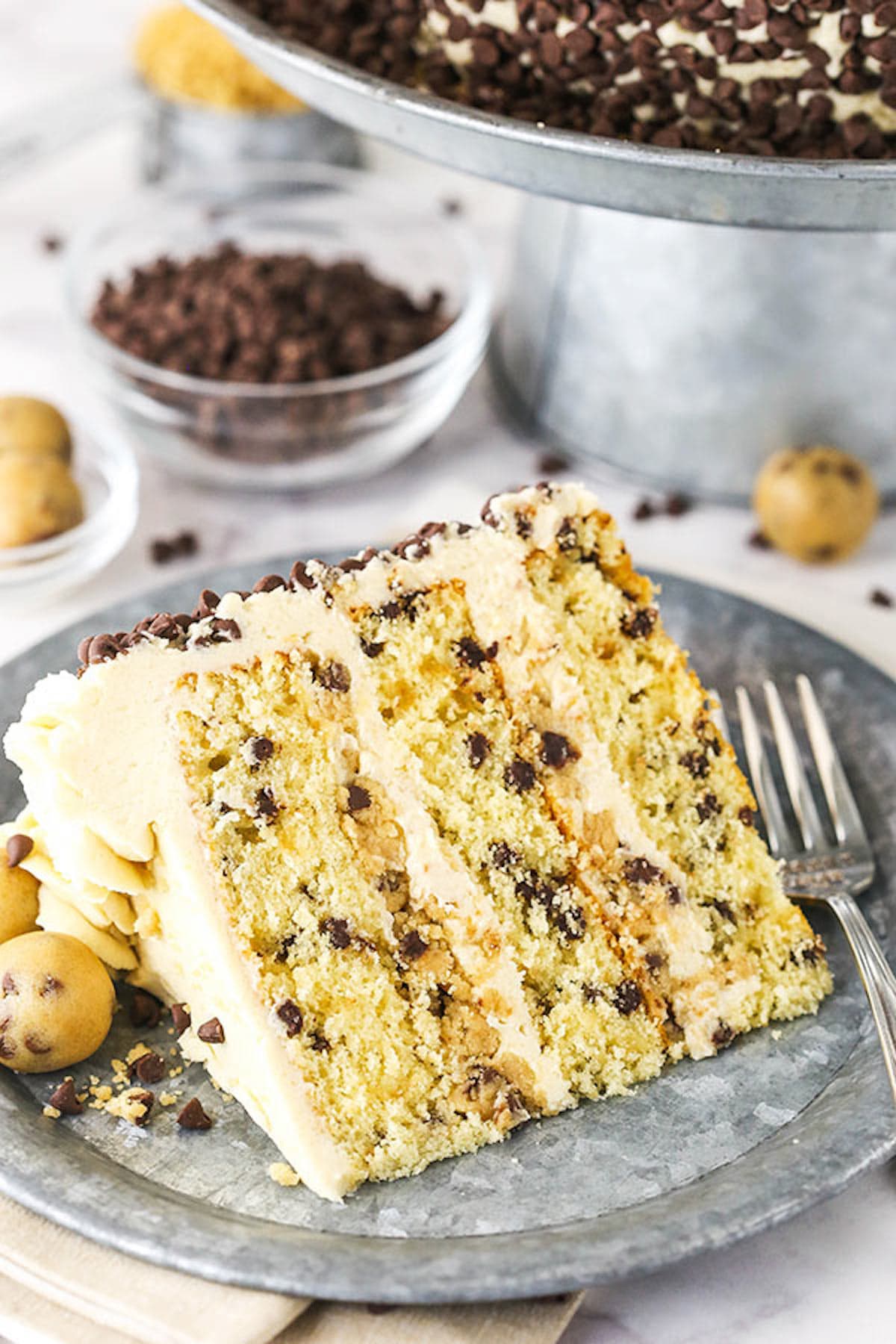 A Chocolate Chip Layer Cake Slice on a Plate with a Metal Fork