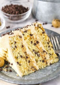 A Piece of Chocolate Chip Cake on a Plate in Front of a Bowl of Mini Chocolate Chips