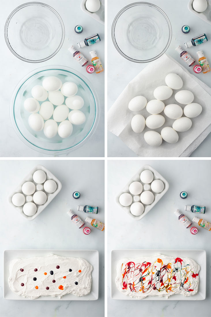 steps showing eggs in vinegar, eggs drying, drops of color on cool whip and color swirled into cool whip