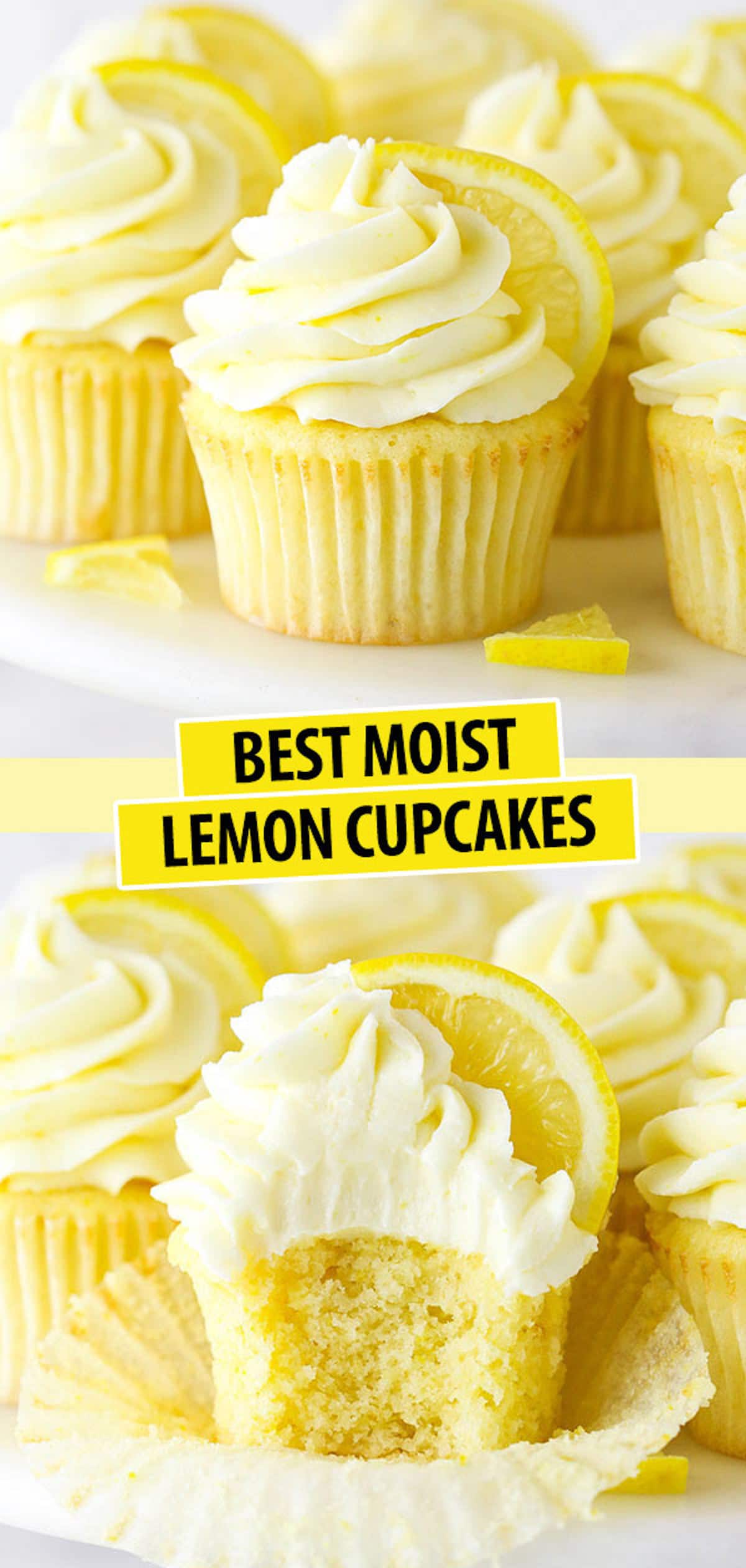 A Collage of Two Images of Lemon Cupcakes with Lemon Buttercream