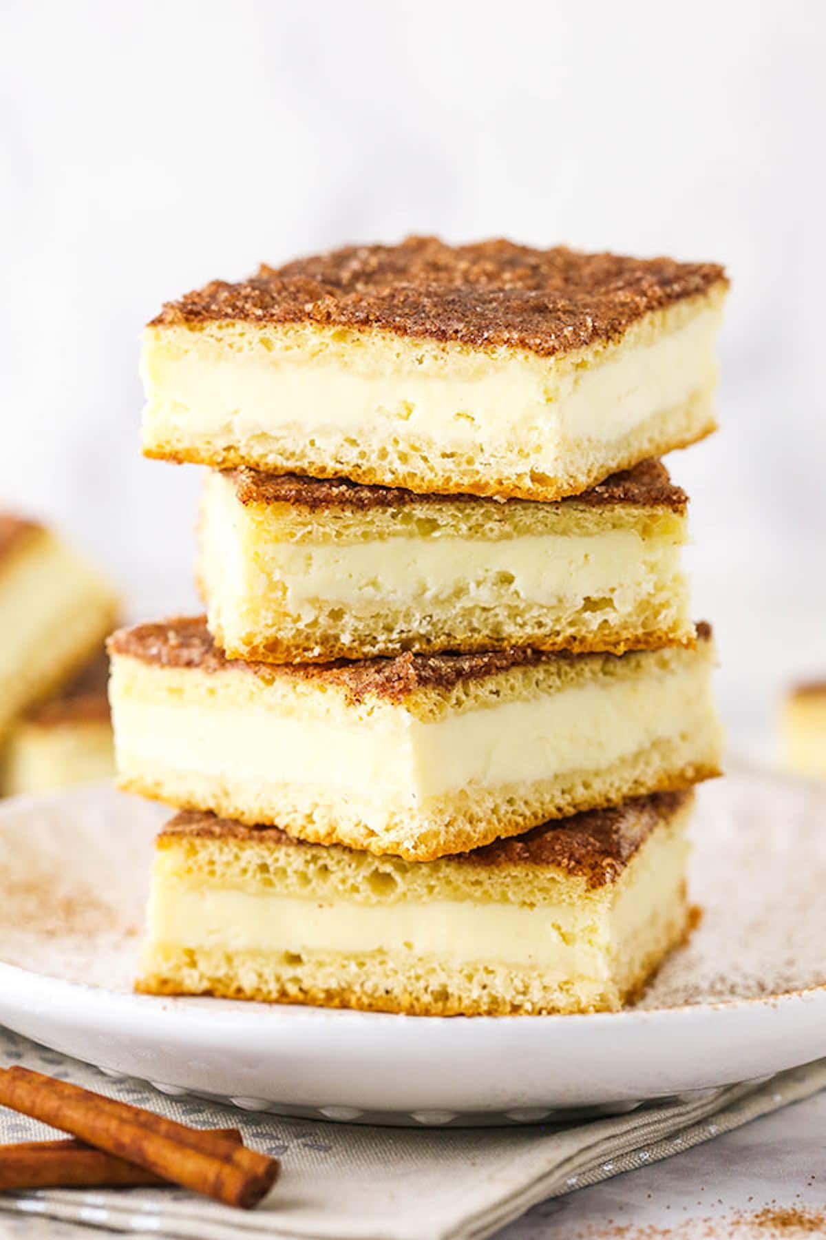 A Close-Up Shot of a Plate of Sopapilla Bars Beside Two Cinnamon Sticks