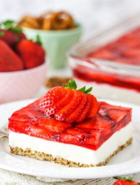 A slice of strawberry pretzel salad.