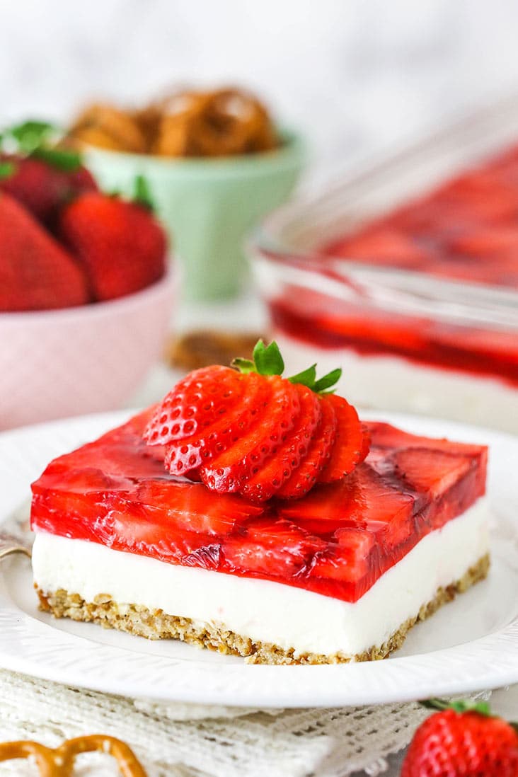 A slice of strawberry pretzel salad.