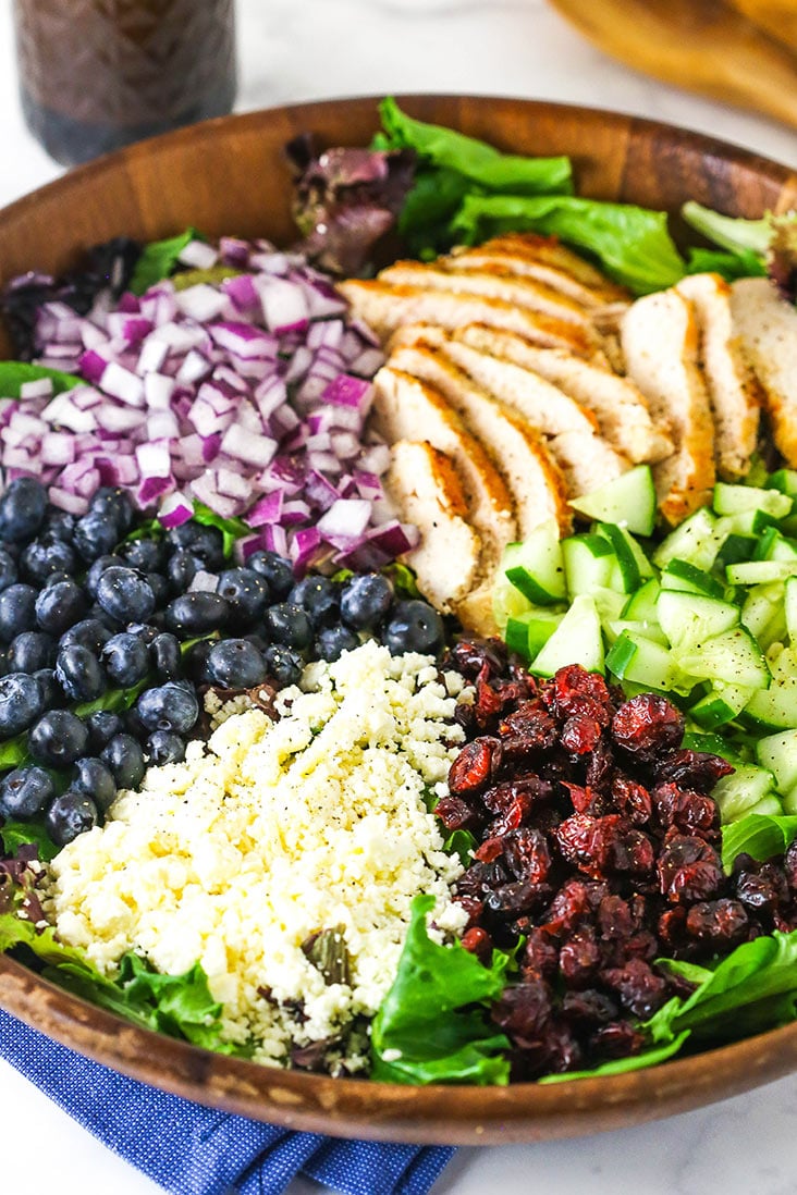 A big bowl of chicken blueberry feta salad