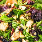 A close-up of a bowl of chicken feta salad