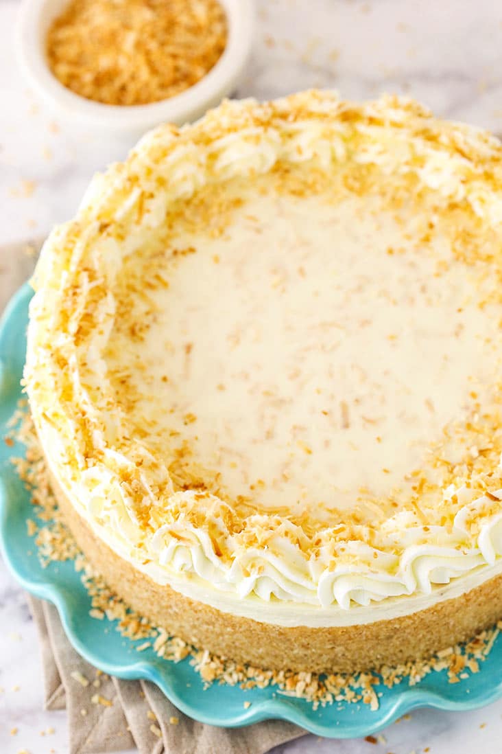 An aerial view of a no bake toasted coconut cheesecake, topped with coconut whipped cream and toasted coconut