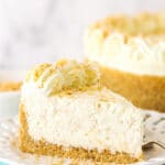 Side view of a slice of no bake toasted coconut cheesecake