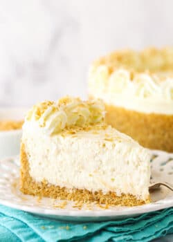 Side view of a slice of no bake toasted coconut cheesecake