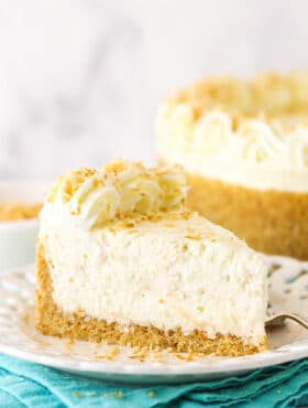 Side view of a slice of no bake toasted coconut cheesecake