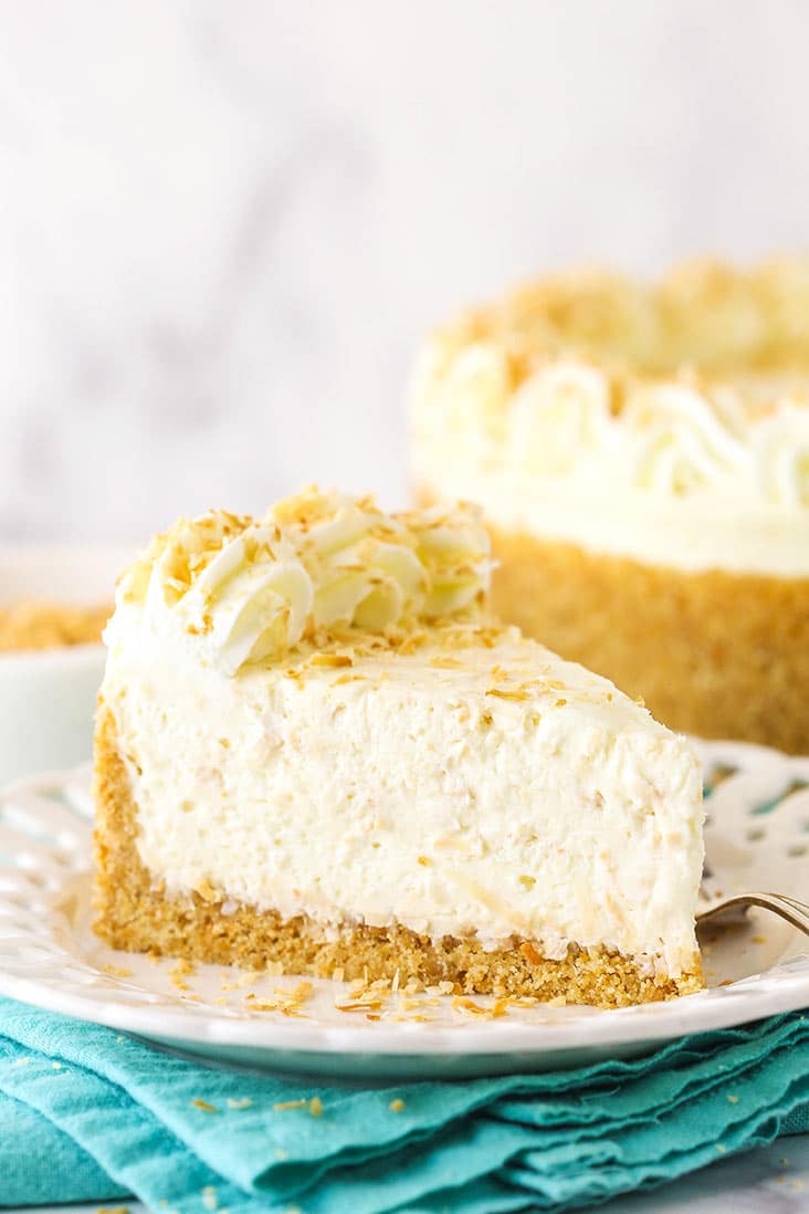 Side view of a slice of no bake toasted coconut cheesecake