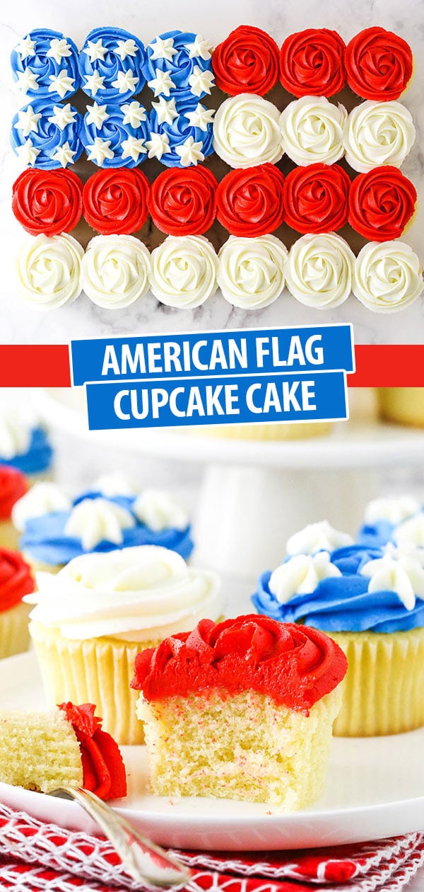 two images - one of the full flag cupcake cake and one with a cupcake on a white plate and bite taken