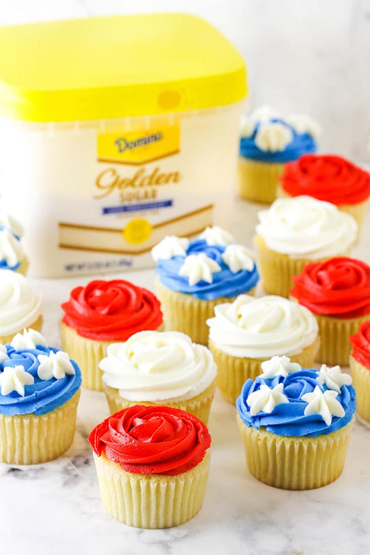 flag cupcakes around the golden sugar package