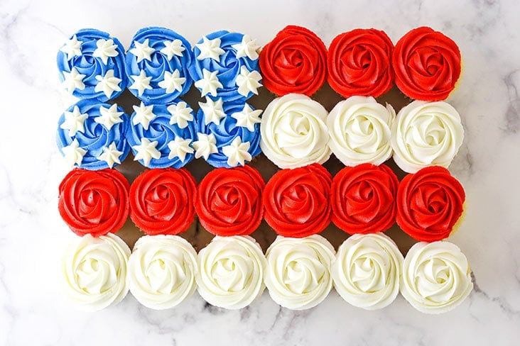 horizontal image of full american flag cupcake cake