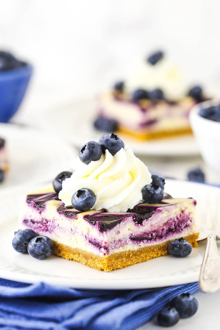 A slice of blueberry swirl cheesecake topped with whipped cream and blueberries