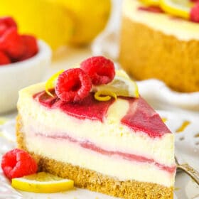 A slice of lemon raspberry cheesecake