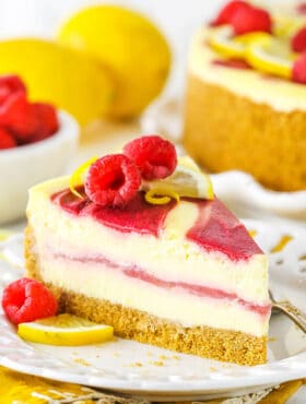 A slice of lemon raspberry cheesecake