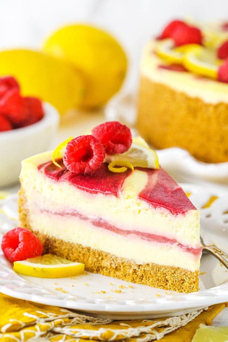 A slice of lemon raspberry cheesecake