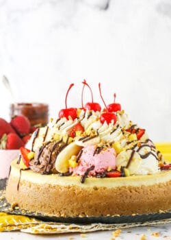 banana split cheesecake from the side on metal serving tray
