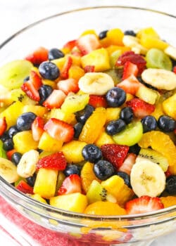 close up of fruit salad in clear bowl