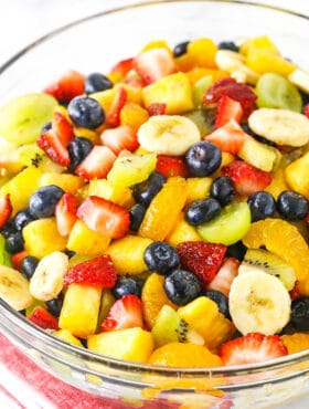 close up of fruit salad in clear bowl