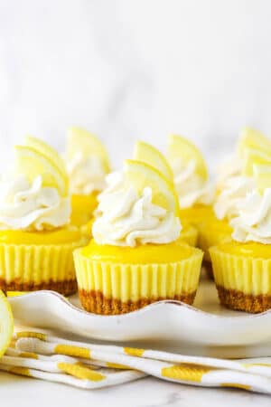 Several bite-sized lemon cheesecakes on a white serving dish topped with whipped cream
