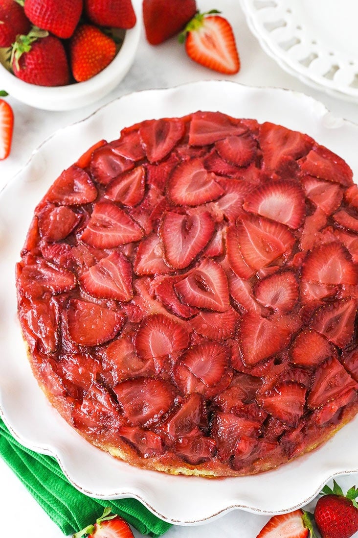 Overhead view of a strawberry upside down cake