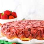 Strawberry upside down cake on a serving platter