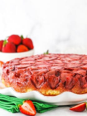 Strawberry upside down cake on a serving platter