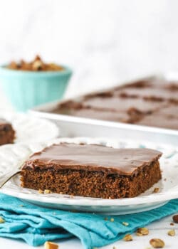 A square slice of chocolate sheet cake on a white plate